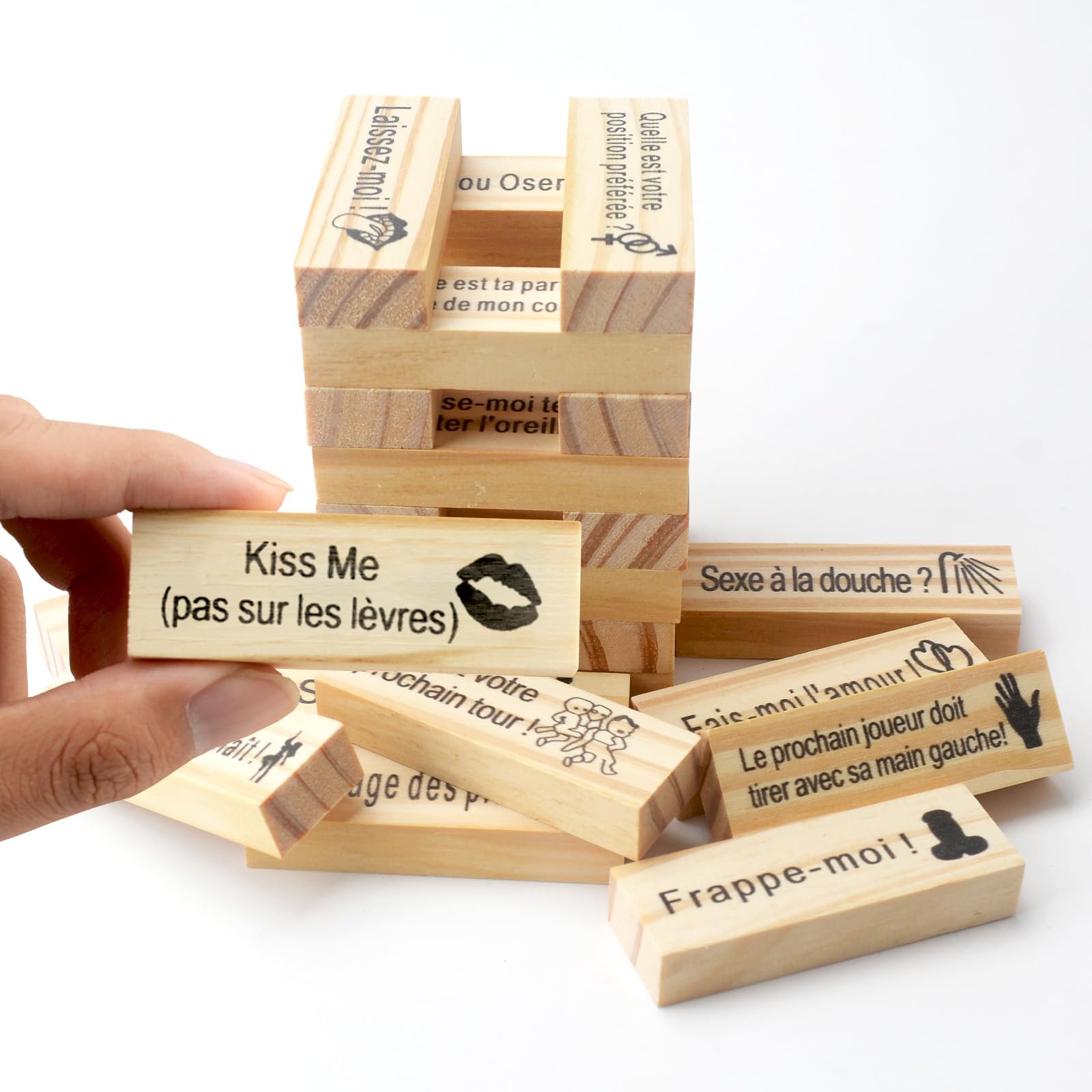 48 Pièces Français Jeu de Tour Blocs Coquins Couples,Lust Tower,Tour de culbutage pour la Saint-Valentin et Soirée Romantique,Jeu d'Empilage pour Couples,Blocs Empilables en Bois pour Adultes