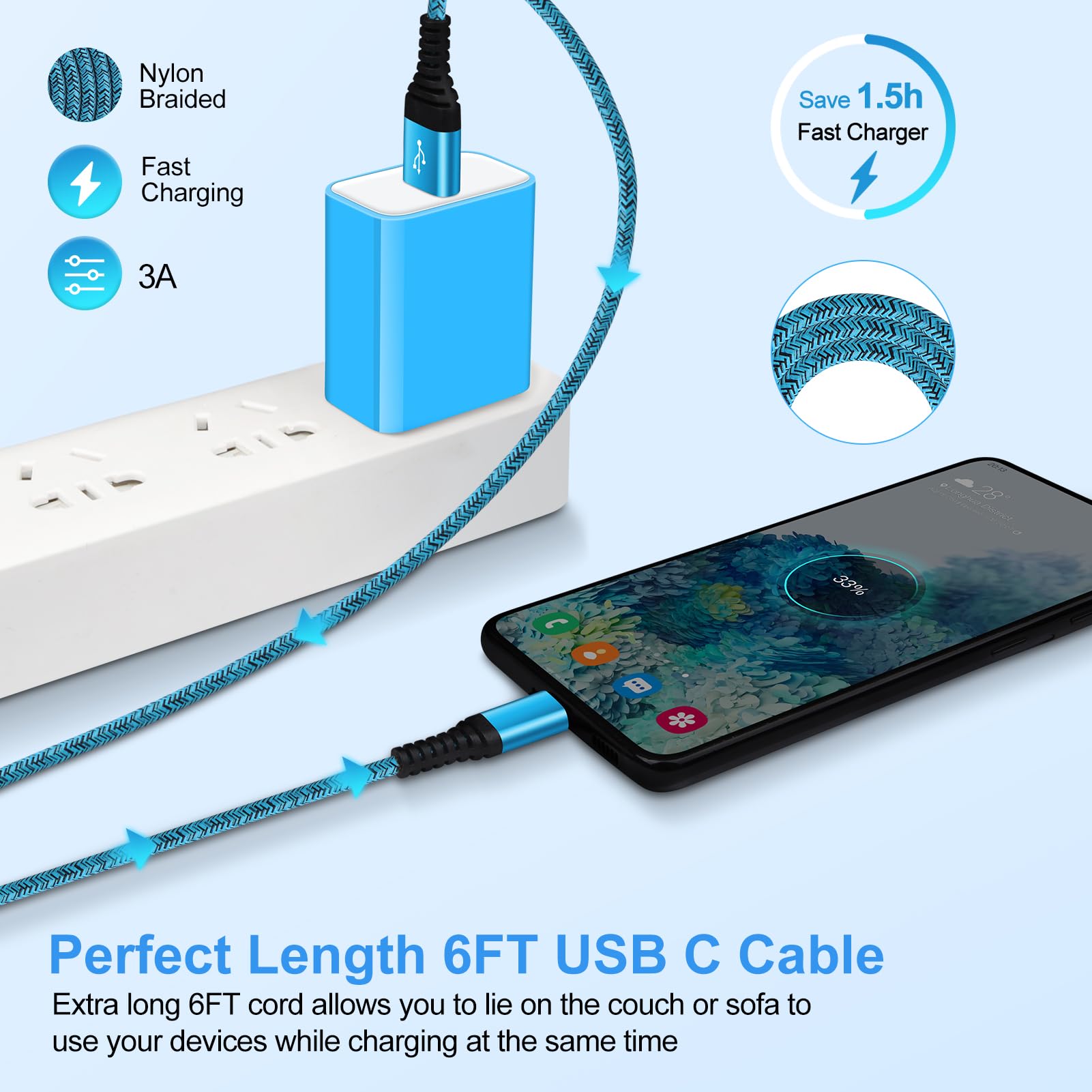 Cable de carga USB C de carga rápida, paquete de 3 unidades de 6 pies para iPhone 16 15 Pro Max/15 Plus/15 Pro/15, cable trenzado de 3.1 A, cable de alimentación USB A a USB C para teléfono Android