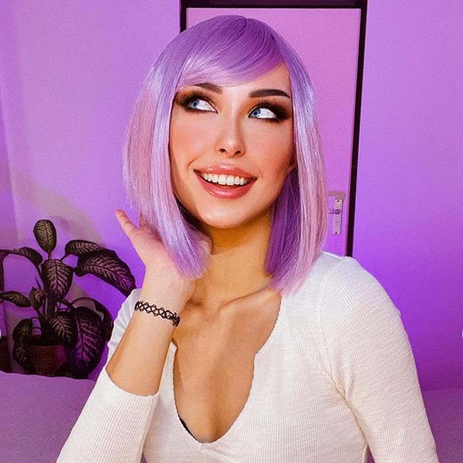 eNilecor Short Bob Hair Wigs 12" Straight with Flat Bangs Synthetic Colorful Cosplay Daily Party Lilac Neon Wig for Women Natural As Real Hair+ Free Wig Cap (Lavender Purple) - Image 9