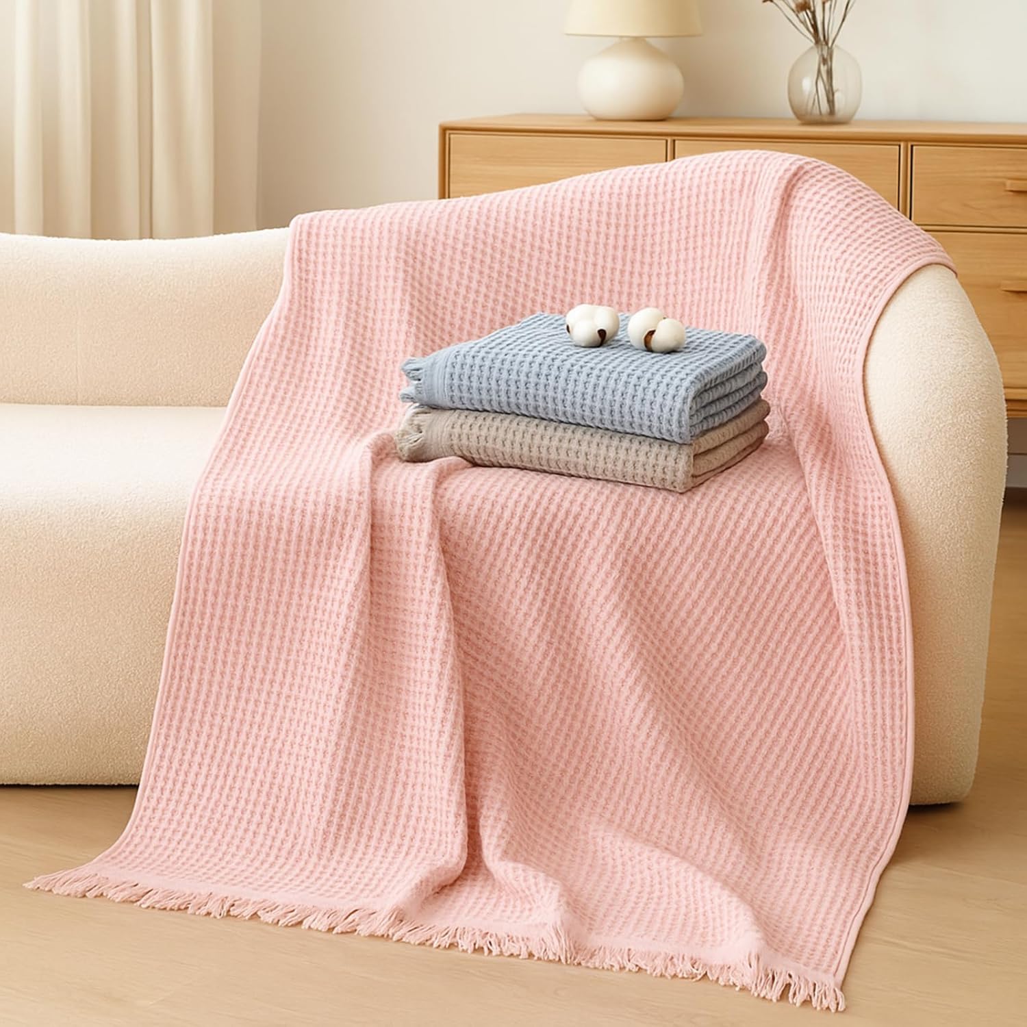 3 Pack Waffle Bath Towels 100% Cotton Oversize Waffle Towel Quick Dry Absorbent Soft Lightweight for Bathroom Shower Blanket Spa Yoga Beach Pool Travel (Pink,Blue,Gray,71 x 35 Inch)