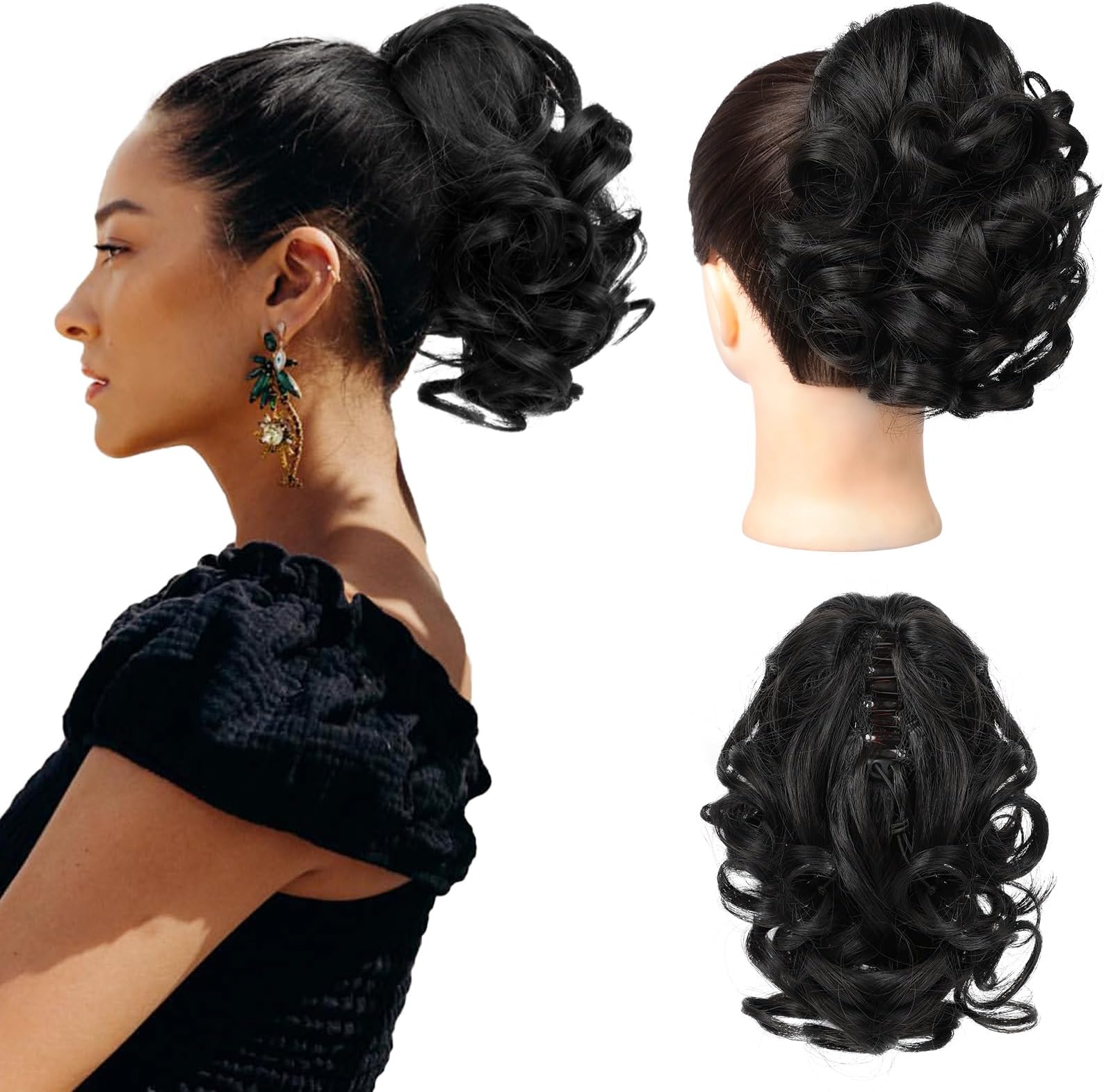REECHO Ponytail Extension, 9" Short Curly Wavy Claw Clip Pony tails Hair Extensions HP001 Hairpieces for Women - Black