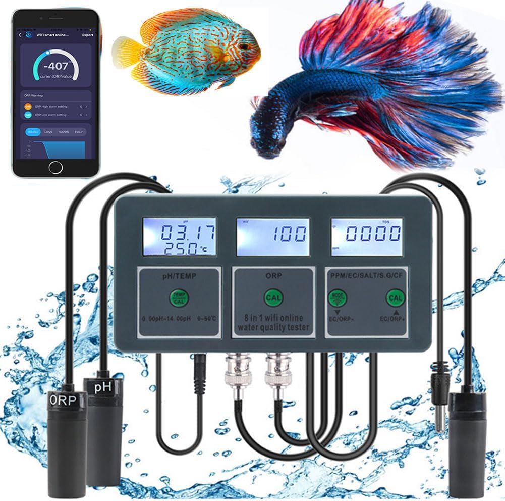 WiFi Water Quality Meter Monitor, Aquarium Water Quality Tester Digital Meter, PH/EC/TDS/Salt/S.G/CF/ORP/Temp Tester, with Online APP Monitoring, Tuya Smart PH Meter, for Aquariums Pool Hydroponics