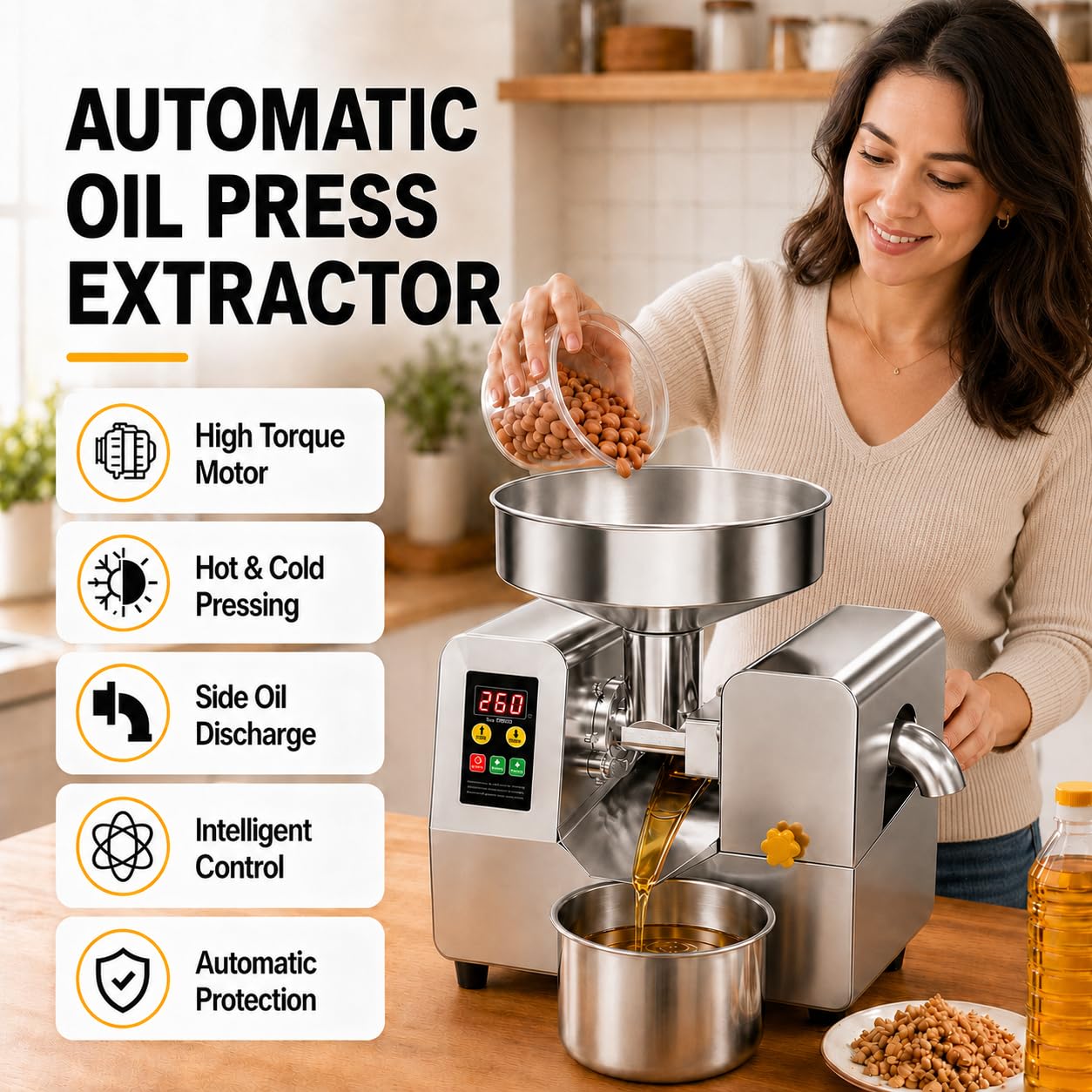 Pressa per Olio Elettrica 1100 W, Macchina per La Spremitura Dell'olio | Per Semi Di Sesamo, Girasole E Arachidi, Temperatura Di Esercizio: 40-300 °c, Funzionamento Continuo 24 Ore Su 24