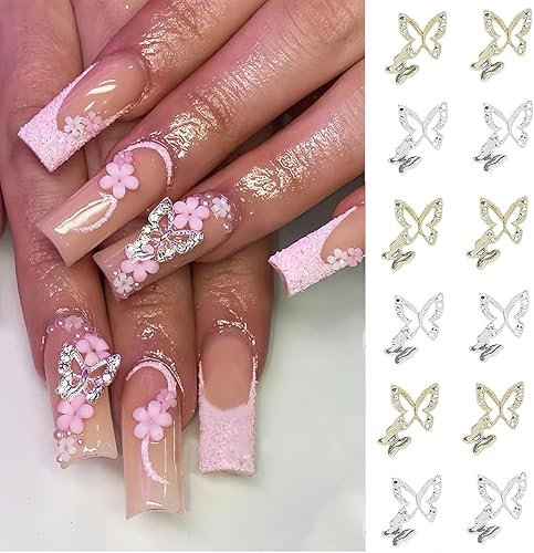 Miniatura 4 de 20 dijes de aleación de mariposa 3D de metal brillante de mariposa para uñas acrílicas, diamantes de imitación de mariposa dorada y plateada con