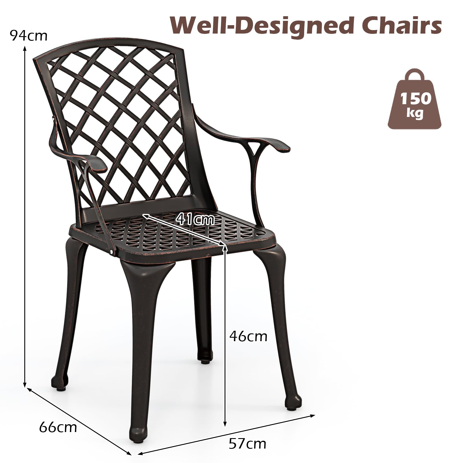 KOMFOTTEU Juego de 2 Sillas de Jardín de Aluminio Fundido, Silla Terreza Exterior con Reposabrazos y Respaldo, Silla de Bistró con Carga 110 kg, Silla de Comedor para Balcón, Patio (Bronce)