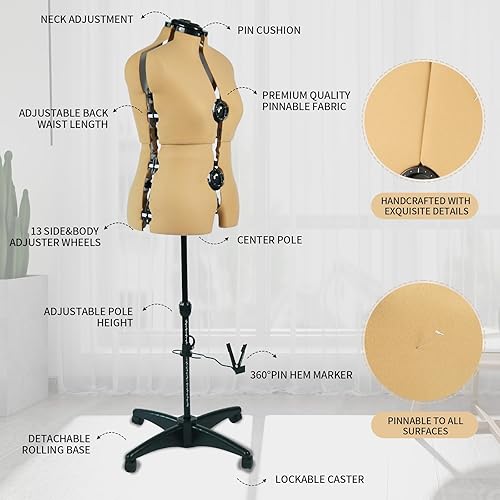 Vista 23 de Maniquí femenino ajustable para coser tallas 12-18, forma de cuerpo pinable con 13 diales, base enrollable desmontable, rango de altura de 42.5 a 60