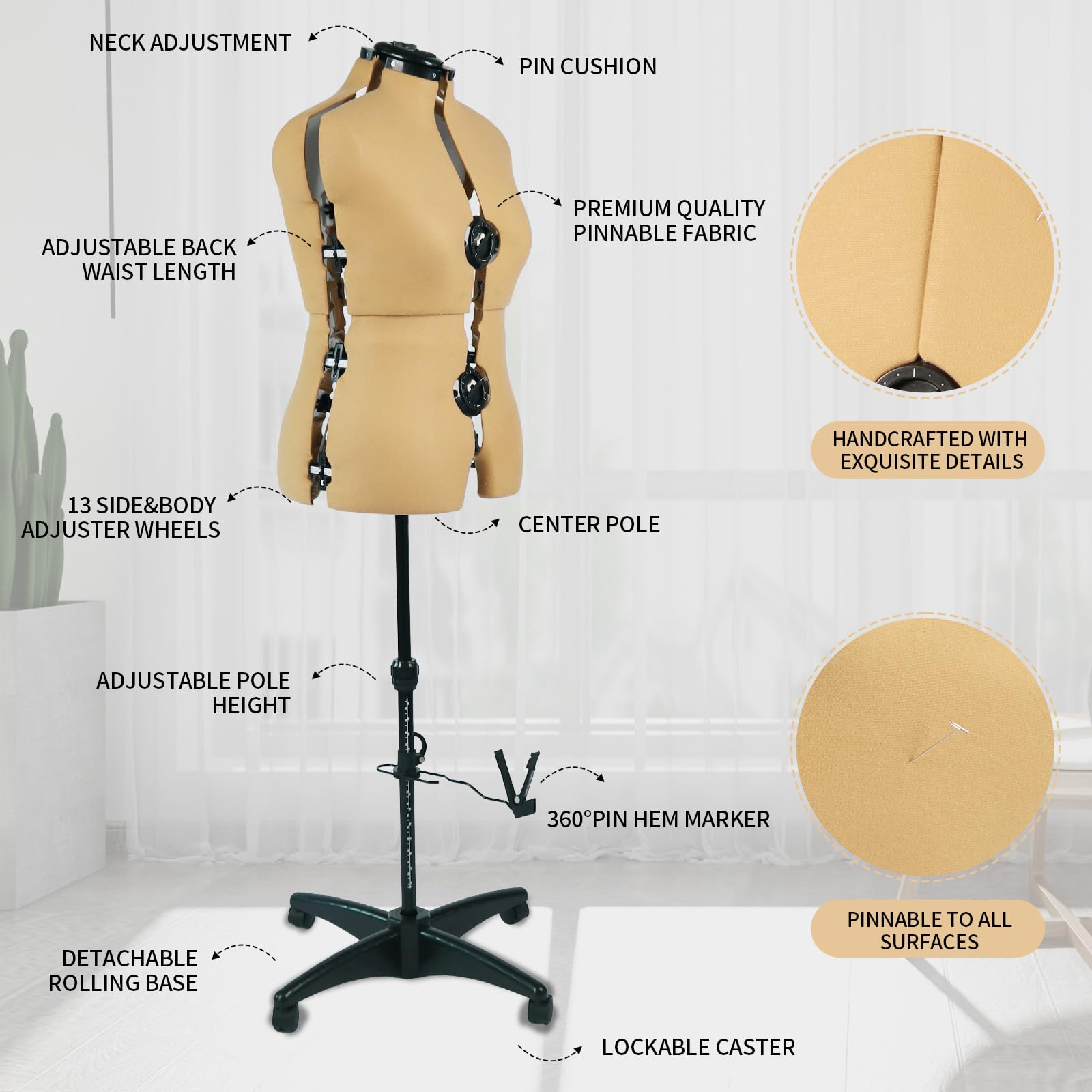 Maniquí ajustable de cúrcuma para coser talla femenina 12-18, cuerpo de modelo pinnable con 13 esferas, ruedas desmontables, rango de altura de 42.5 a 60 pulgadas para exhibición de ropa, mediano a