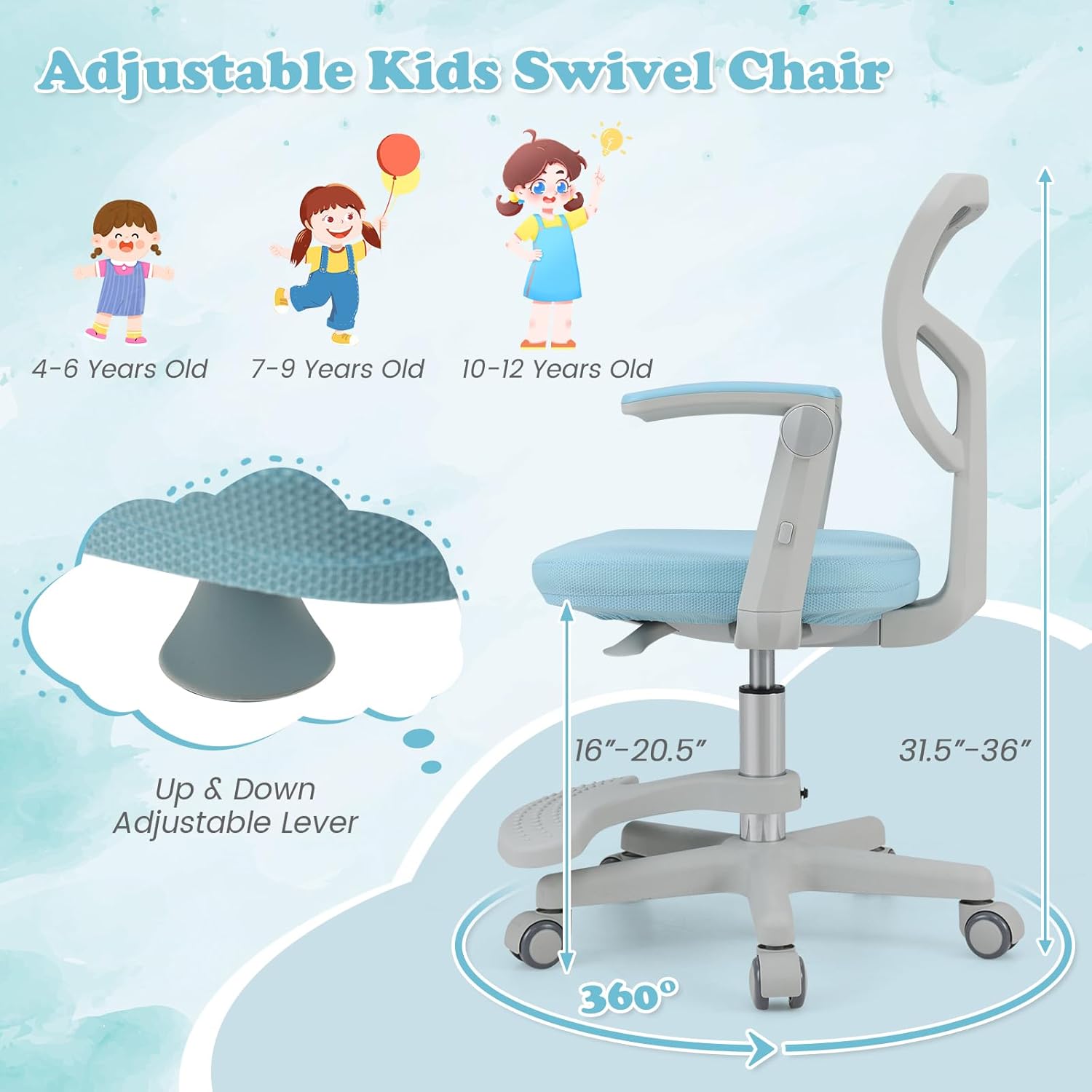 Giantex Kids Desk Chair, Ergonomic Adjustable Student Rolling Chair with Footrest & Flip-up Armrest, Mesh Children Office Chair with Universal Wheels, Kids Computer Chair for Boys & Girls, Blue