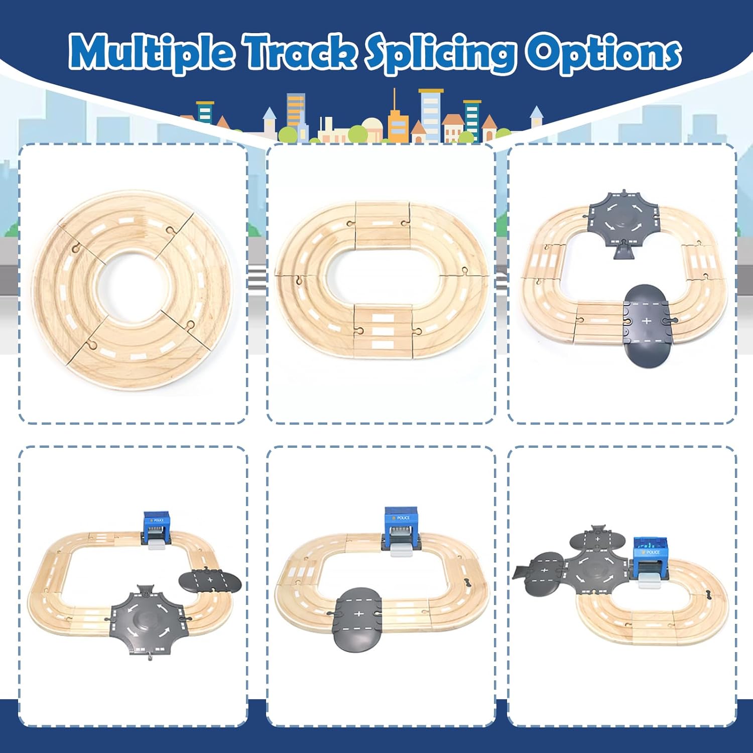 59 Pcs Wooden Train Set for Toddlers, Toy Train with Track for Kids Ages 3-6, Deluxy Double Track City Police Station Railway Playset Gifts for Boys and Girls Ages 3+