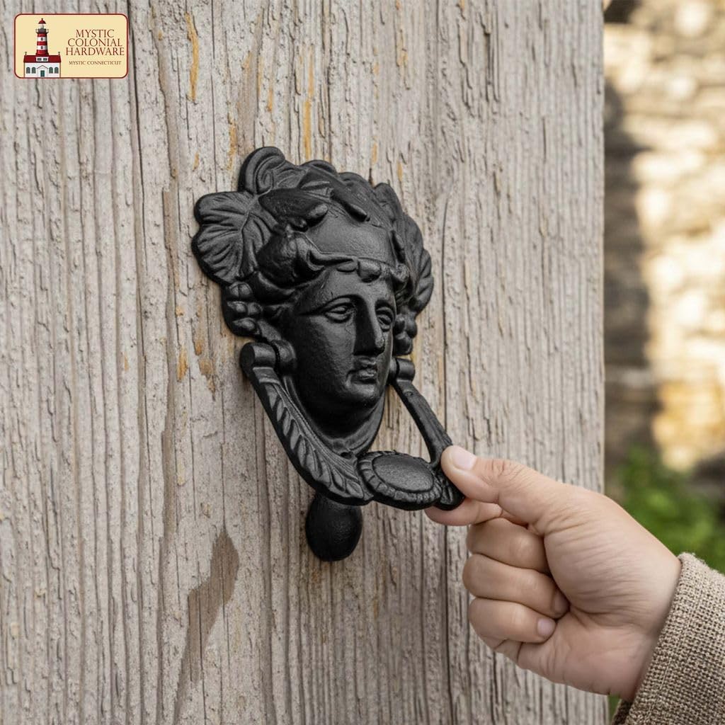 Mystic Colonial Medieval Cast Iron Door Knocker Athena Design, 6 Inch, Rustic Black Finish Front Door Knocker with Mounting Screws for Vintage Doors