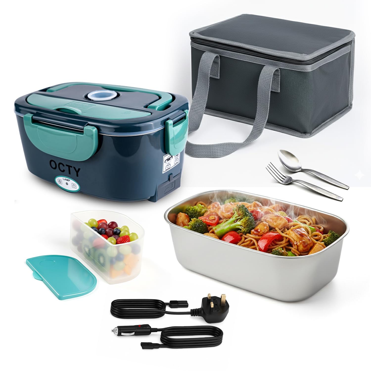 Electric Heated Lunch Box 1.5L Stainless Steel Food Warmer & Electric Lunchbox for Car (12V) Lorry (24V) & Home (230V) - Self Heating Hot Food Lunch Box for Work, Travel & Drivers Green