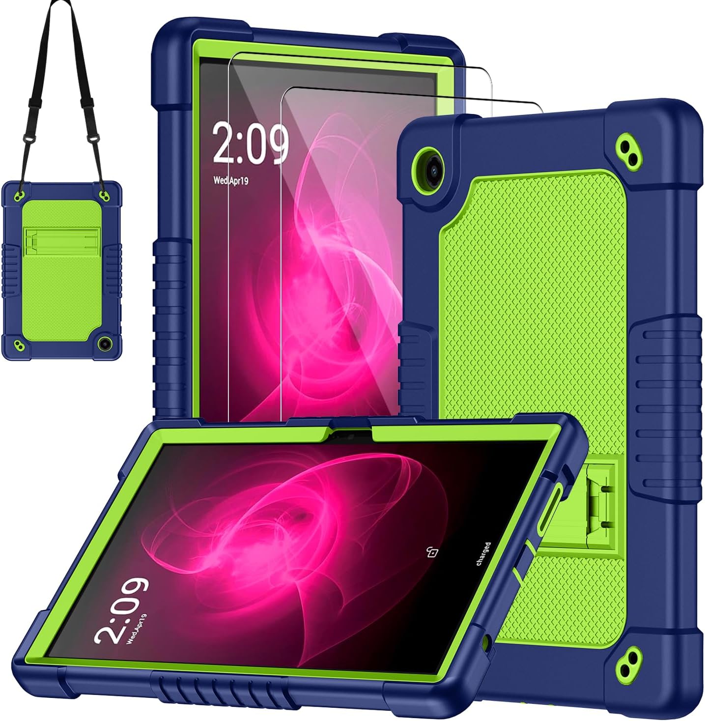 For T-Mobile Revvl Tab 5G Tablet Case With Tempered Glass Screen Protector Revvl Tab 5G Kids Friendly Heavy Duty Shockproof Protective Case Stand Shoulder Strap For T-Mobile Revvl Tab 5G (NavyGr&2Pcs)