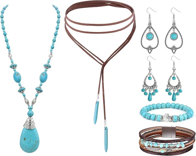 Kakonia 8Pcs Turquoise Jewelry Boho Bohemian Jewelry for Women,Turquoise Necklace Vintage Turquoise Statement Dangle Earrings Boho Leather Cuff Bracelet Stretchable Turquoise Jewelry Set