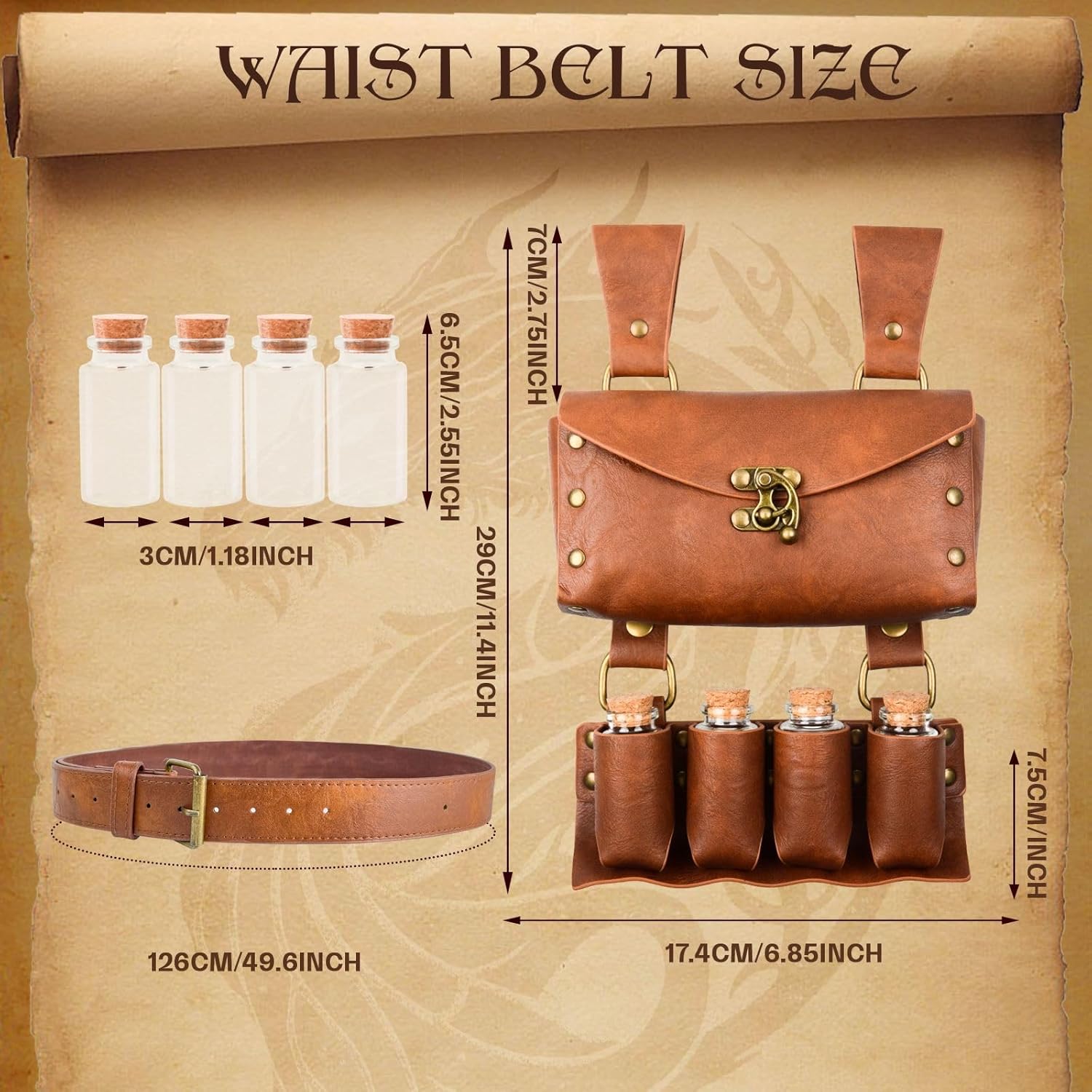 Medieval Alchemy Faux Leather Belt Pouch with 4 Cork Potion Vials, Fantasy Wizard Waist Pouch Side Pack for Halloween (Brown-4 Bottles) - Image 5