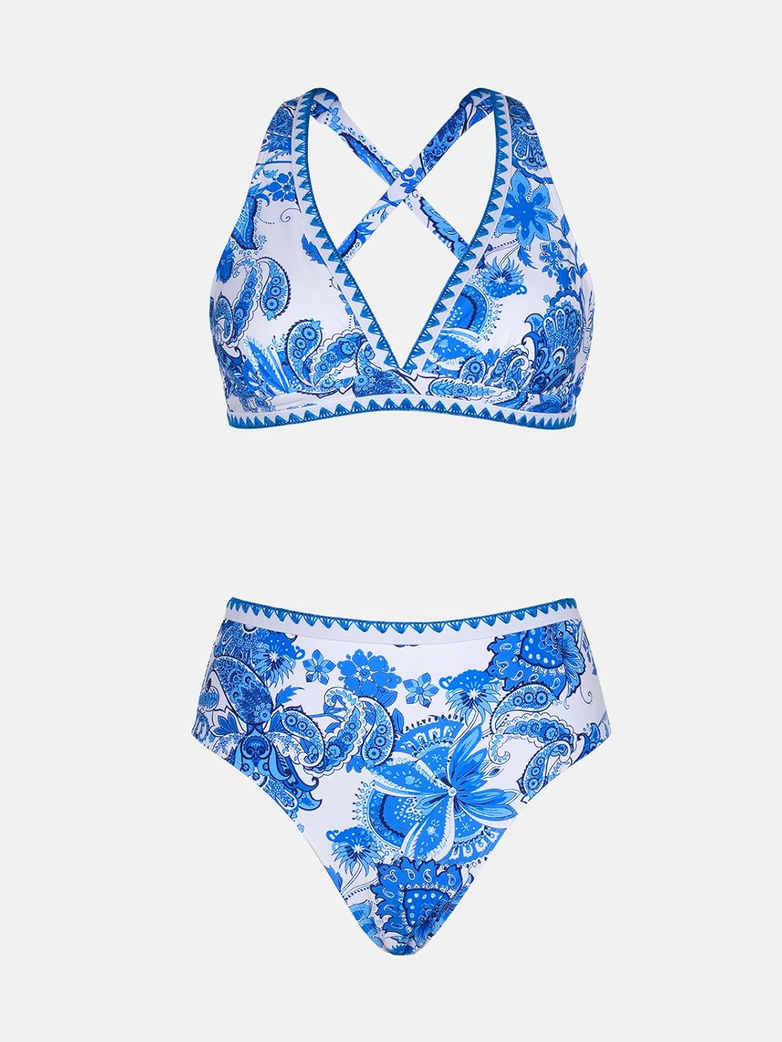 CUPSHE Women's Bikini Sets Two Piece Swimsuit High Waisted V Neck Bathing Suit Crisscross Back Self Tie Swimwear - Image 6