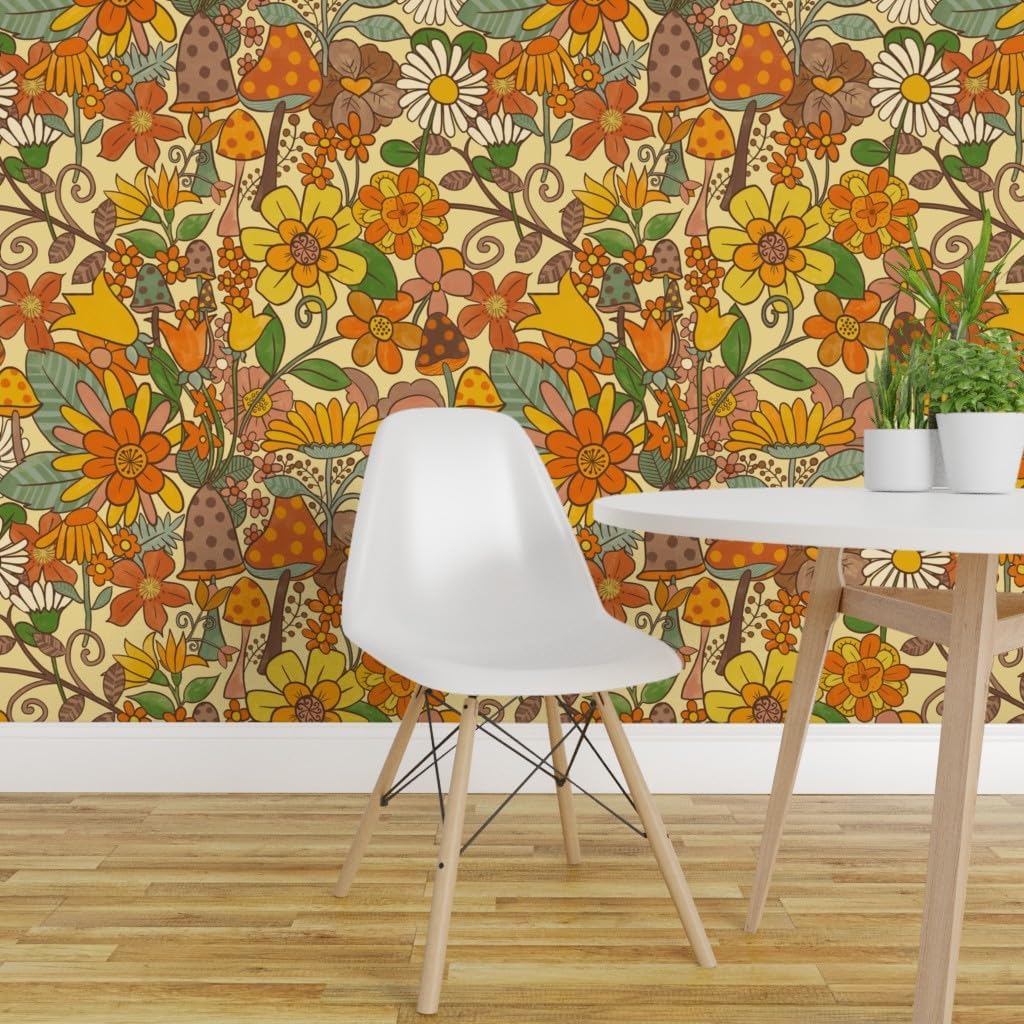 Spoonflower Removable Wallpaper 6ft x 2ft - Flowers Vintage Mushrooms Groovy Flower Power Earth Tones Custom Pre-Pasted Wallpaper