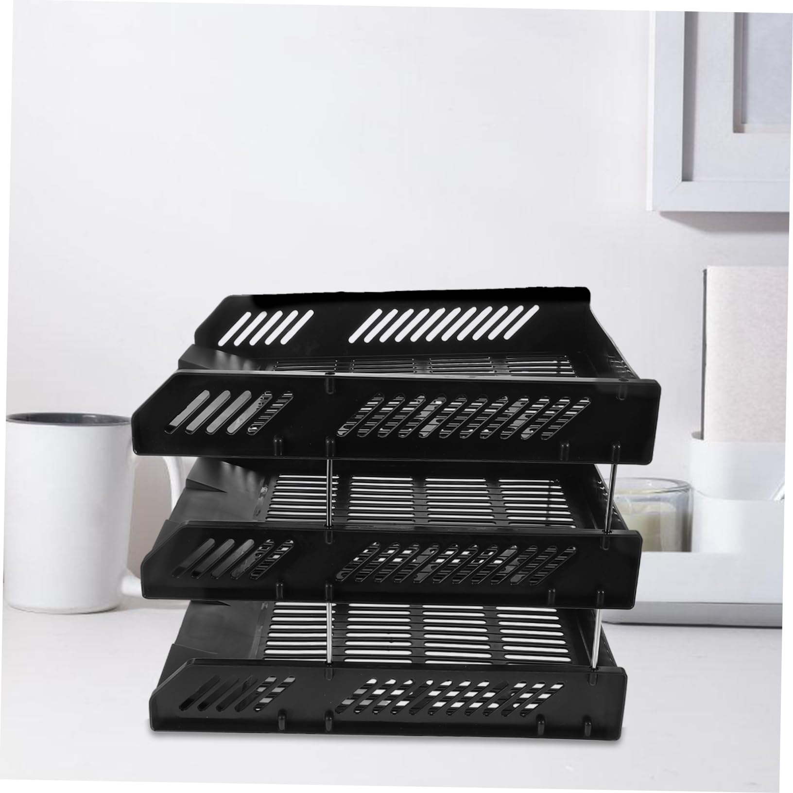 Organizador de Papel de 3 Bandejas PP Negro para Oficina | Diseño de 3 Niveles Estructura de Orificios Redondos, Montaje Sencillo y Soporte Robusto, Apto para Escuela