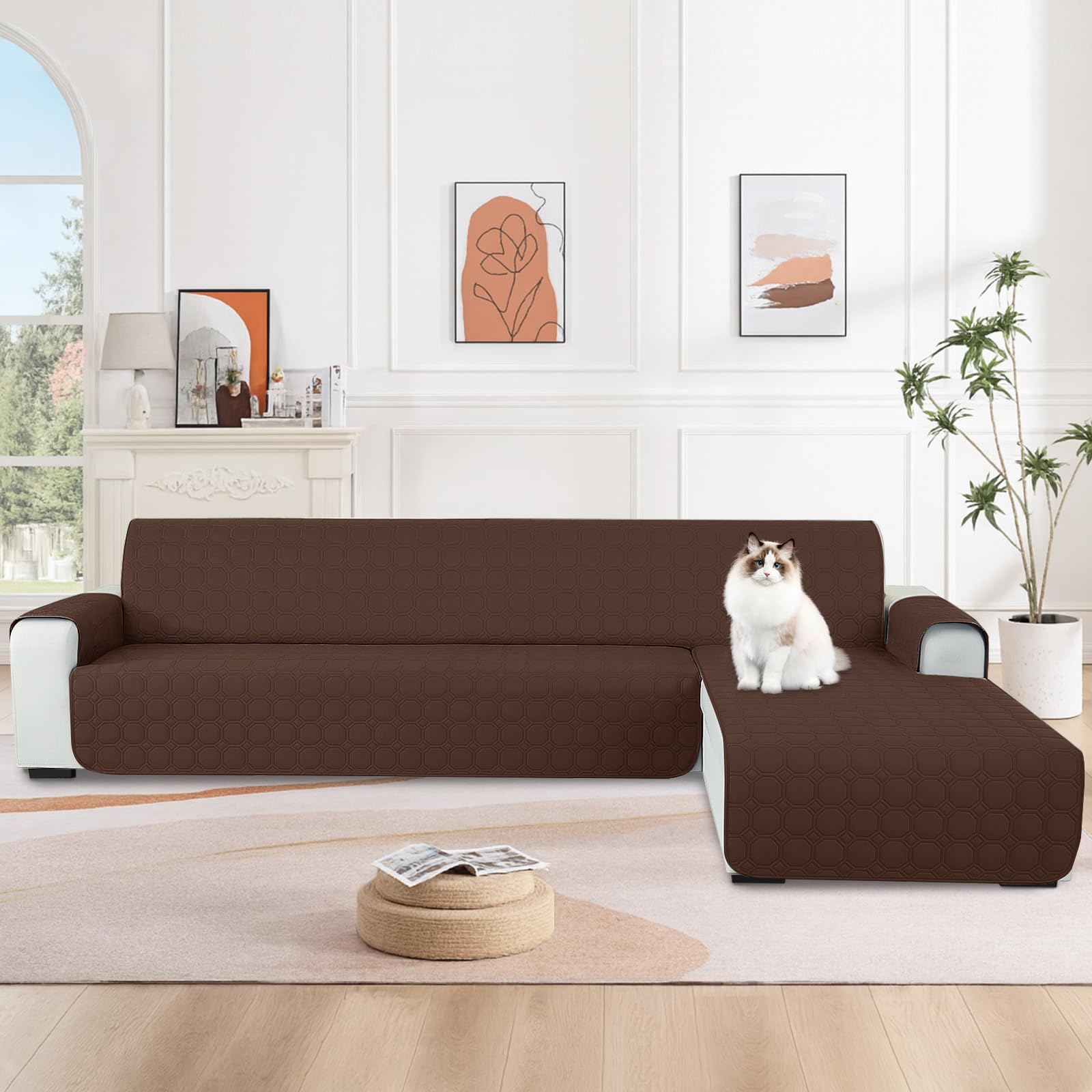 Ystyle Copridivano Impermeabile con Penisola 3 Posti (L 255 CM), Copridivano Angolare Destra/Sinistra Universale Reversibile, Copridivano Chaise longue Antigraffio Antimacchia, Caffè
