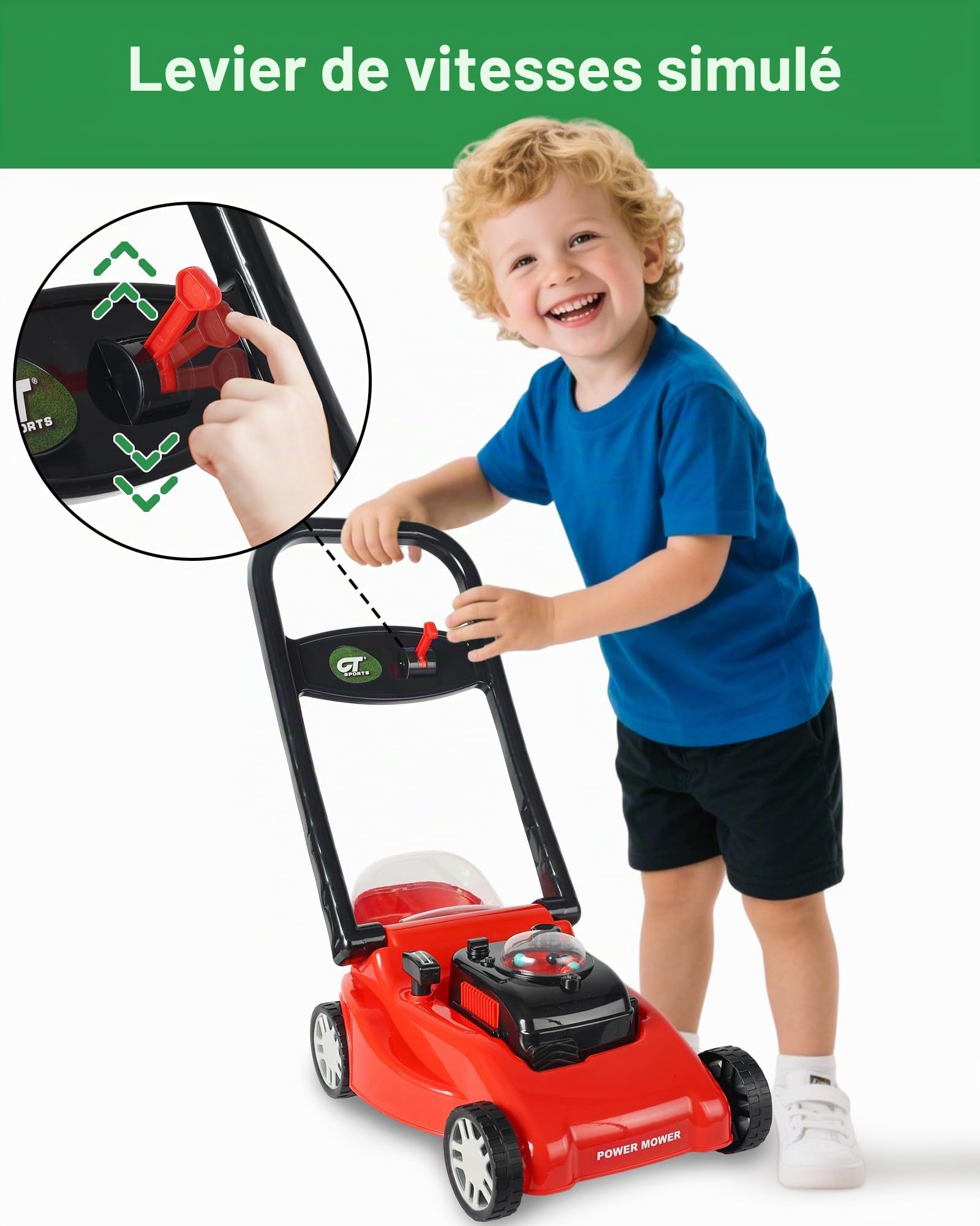 Tondeuse à gazon pour enfant avec action de coupe d'herbe réaliste et sons – Pas besoin de piles | Tondeuse à gazon pour enfants, jouet amusant pour enfants (rouge)