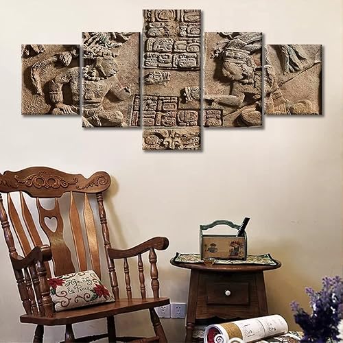 Miniatura 2 de TUMOVO Escultura Maya - Arte moderno para pared, decoración de casa de la civilización del México antiguo, para sala de estar, 5 piezas, lienzo,