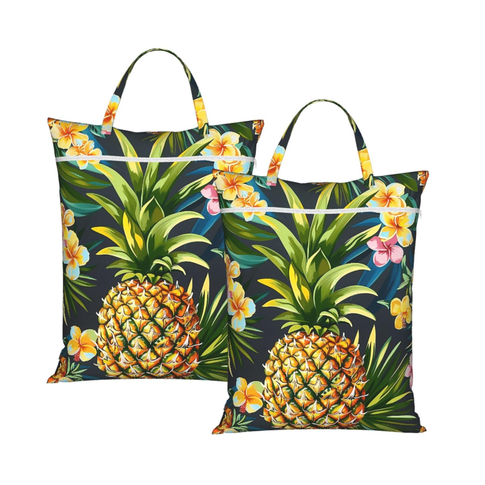 Large Travel Laundry Bags,Tropical Pineapple Hawaiian Print with Handle Foldable Laundry Bag for Holidays Gym Swimming and Family Trips, 2Pcs
