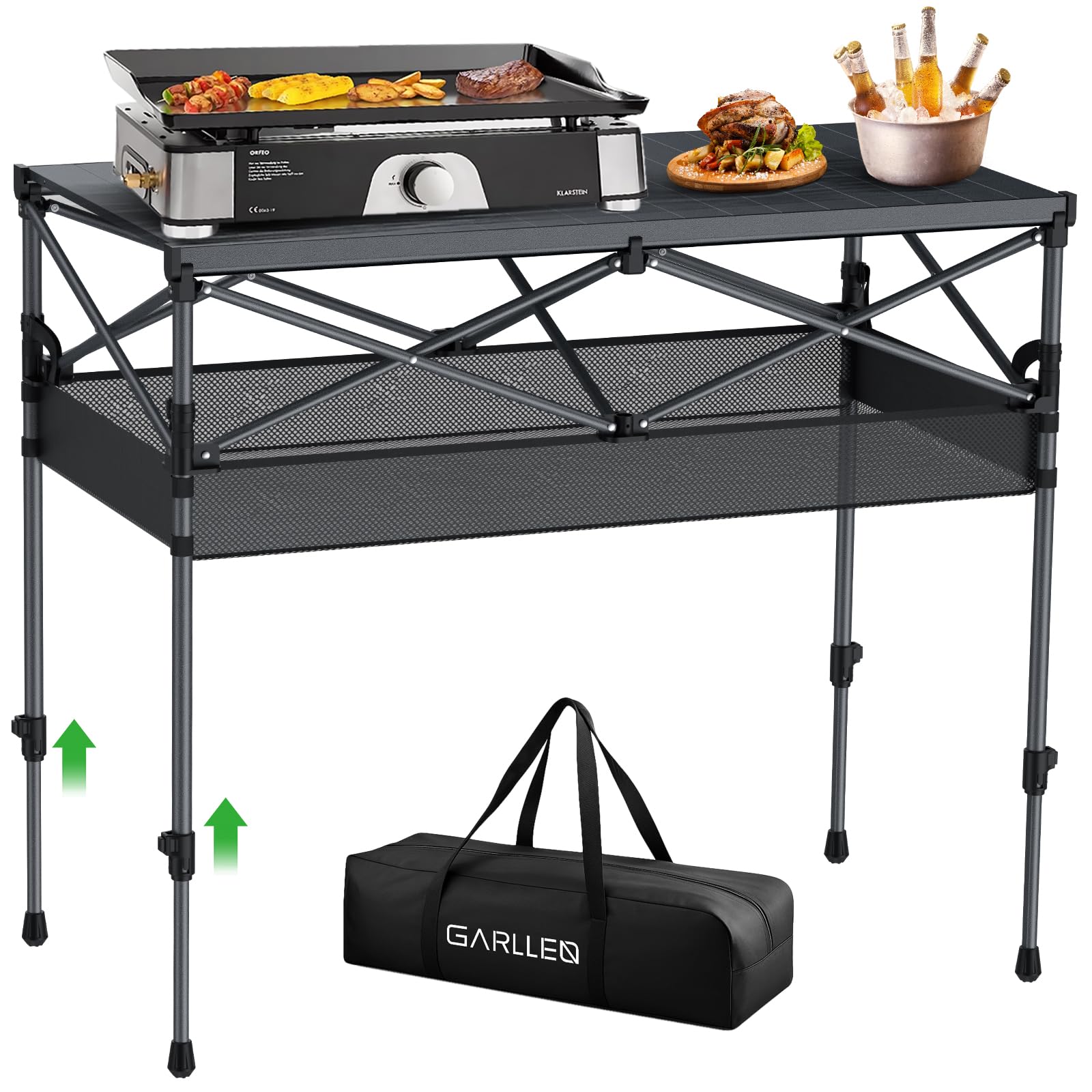 GARLLEN Folding Camping Table Max Capacity 265 lbs, 2 Adjustable Height Portable Picnic Table with Storage Net & Carrying Bag, Lightweight Aluminum Travel Table for Outdoor, BBQ, Beach, 39" L x 20" W