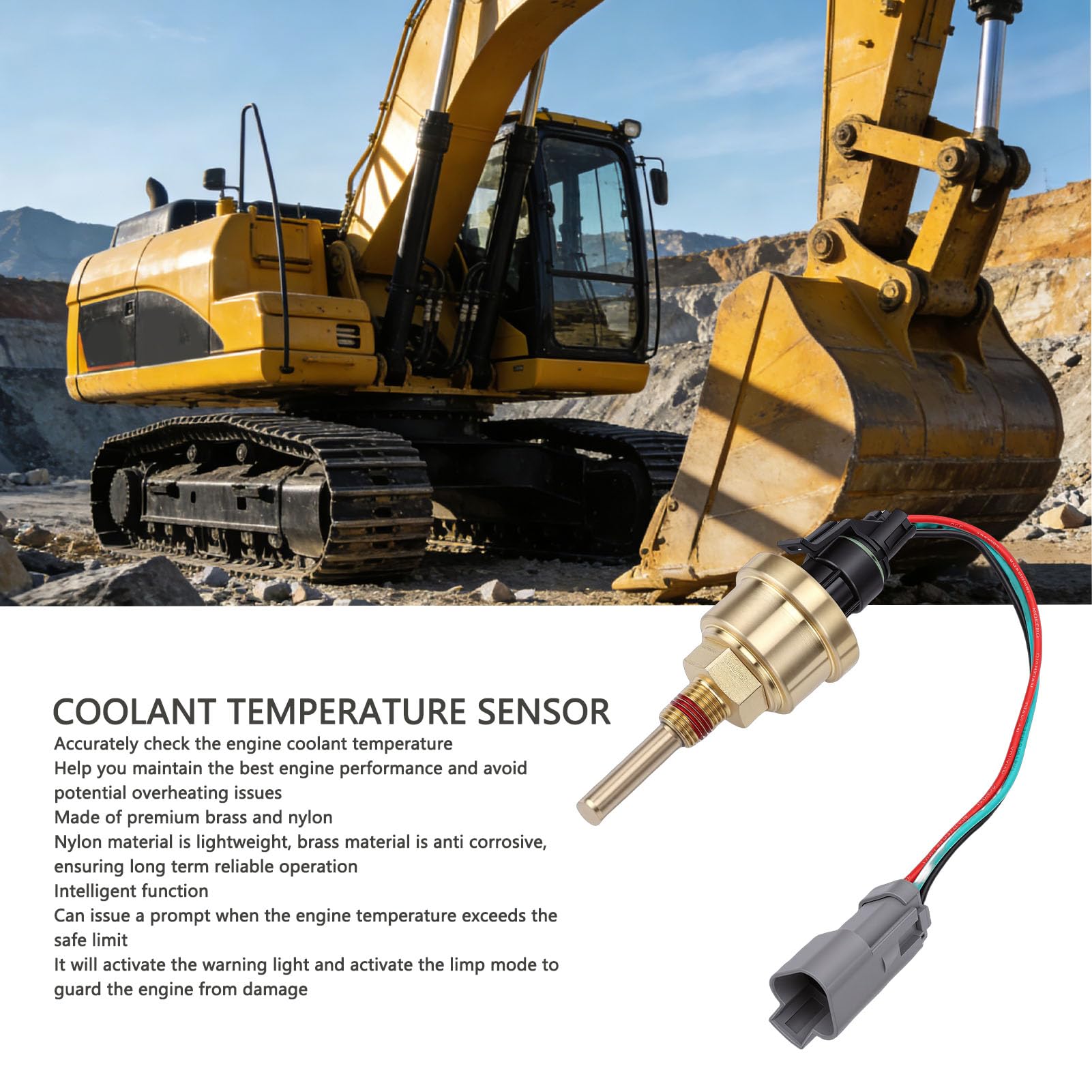 Zunate Sensor de Temperatura del Refrigerante de Excavadora de Repuesto, Material de Primera Calidad, Nailon y Latón para C10 C12 C15