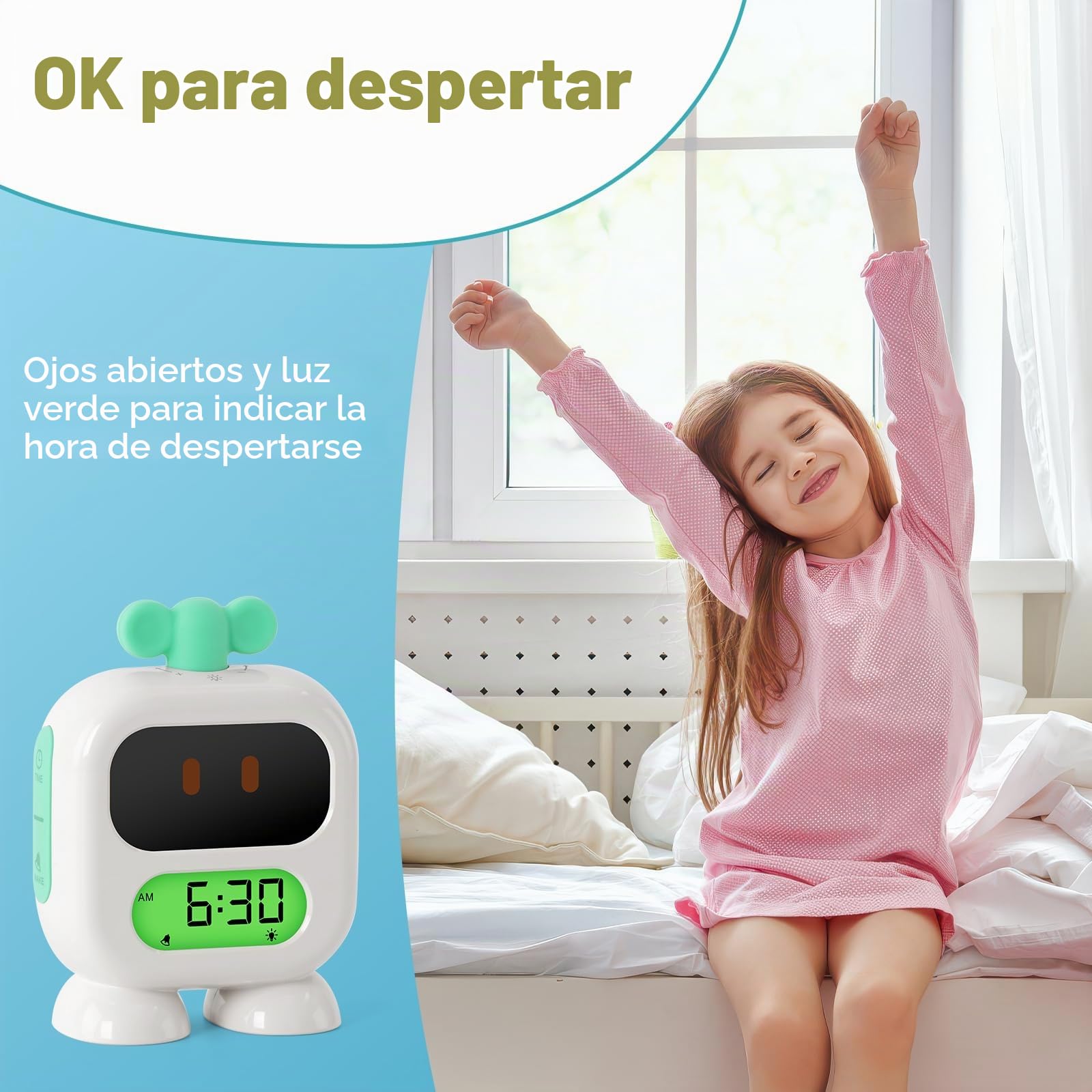 Reloj despertador para niños, reloj de crecimiento con luz roja verde, temporizador de siesta, entrenador de sueño para niños pequeños (azul)