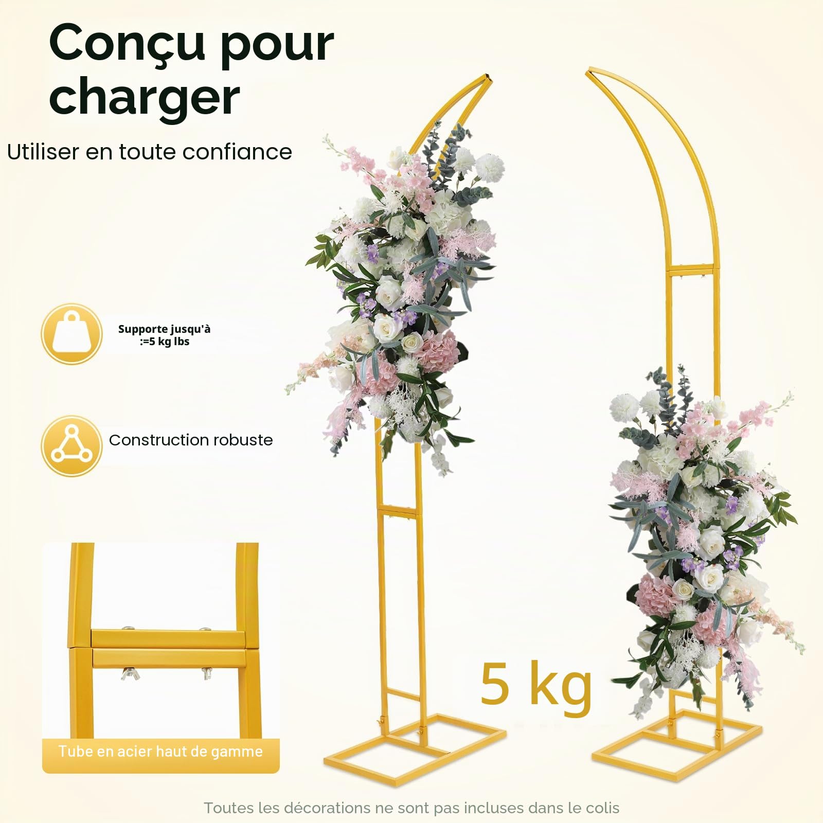 Lot de 2 supports de fond incurvés pour arche de mariage - En métal - Pour cérémonie de mariage, cérémonie et fête - Doré - 1,9 m + 2,1 m