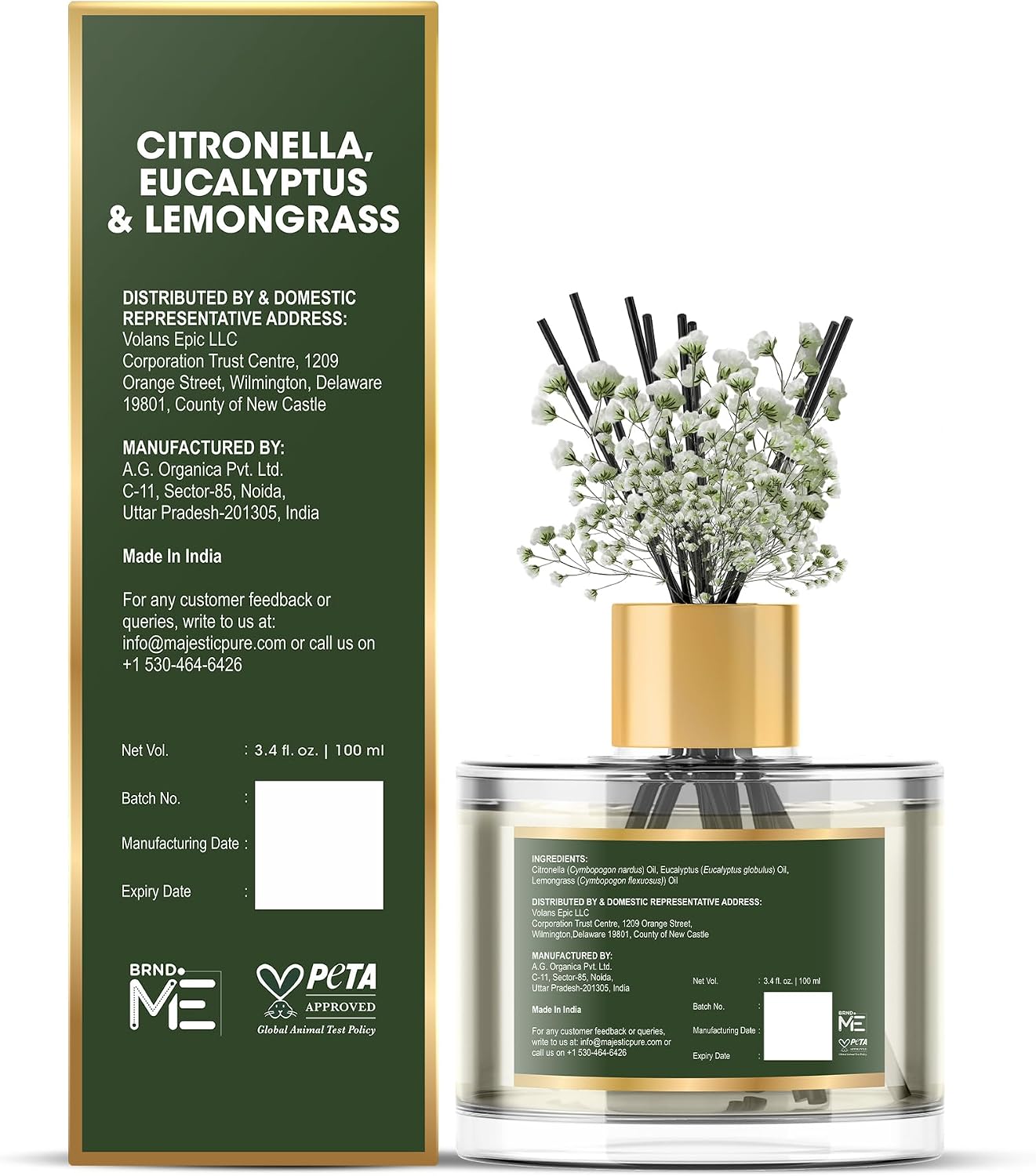 Majestic Pure Citronella, Eucalyptus & Lemongrass Reed Diffuser for Home, Bathroom & Office | Natural Aromatherapy Air Freshener with Reed Sticks & Dried Flower 3.4 fl oz