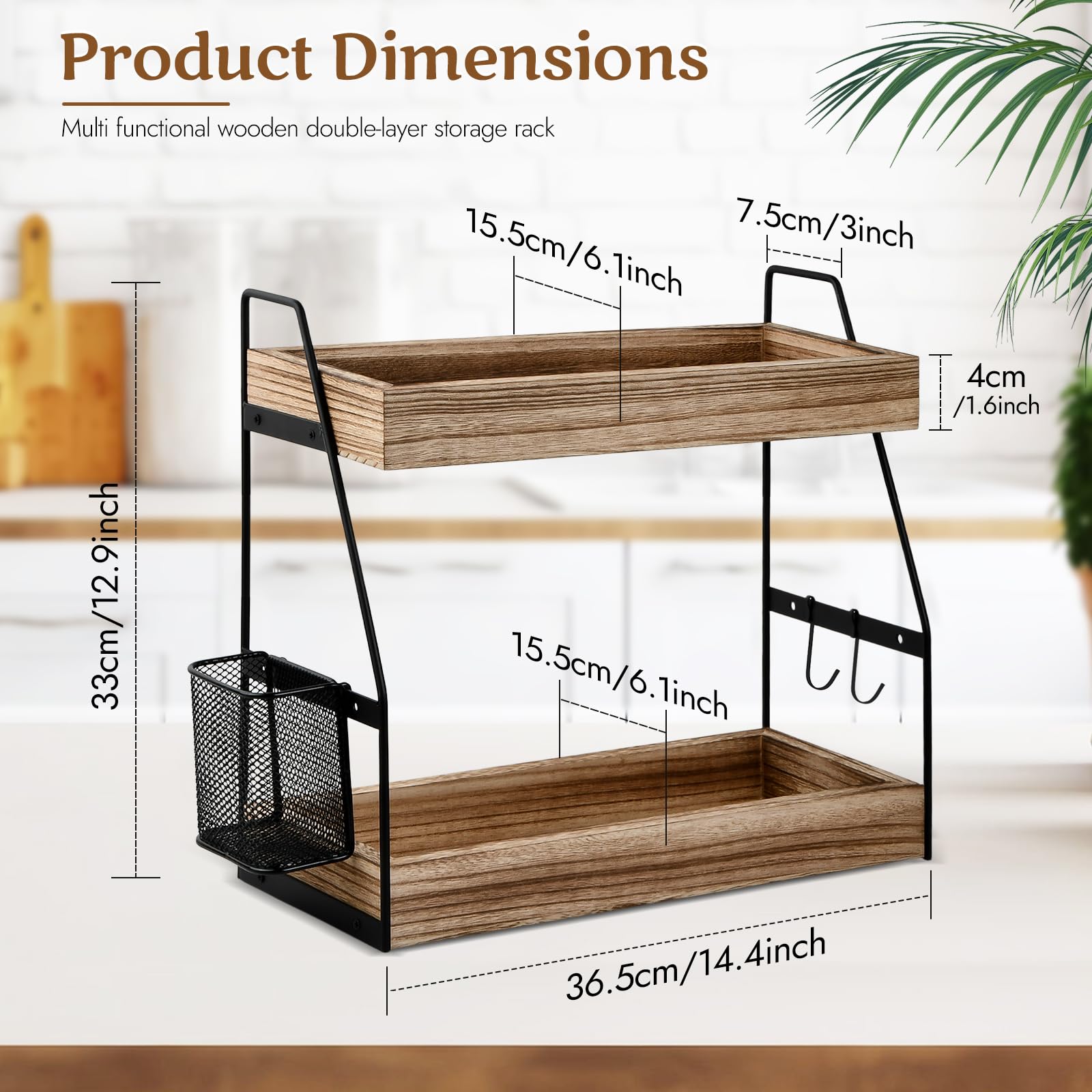 Étagère à Épices 2 Niveaux 35,5x17x33 Cm – Organisateur Bois Avec Panier Suspendu Pour Cuisine