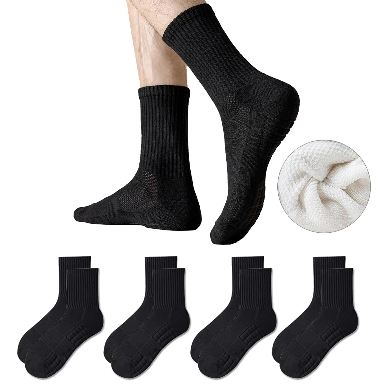 infino Men's Cotton Towel-Sole Sports Socks with Breathable Mesh, Ergonomic Design, Anti-Slip Technology for Running, Basketball, and Casual Wear (4-Pair Pack, Black) 4 pair-Black