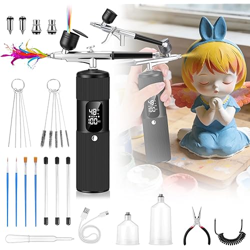 Airbrush Kit for Nails with Compressor, 2*Airbrushes, 28/38/48PSI High Pressure, LED Display, 6000mAh Cordless Portable Nail Airbrush Machine with 3 Types Nozzle for Painting, Makeup, Cake & Nail Art