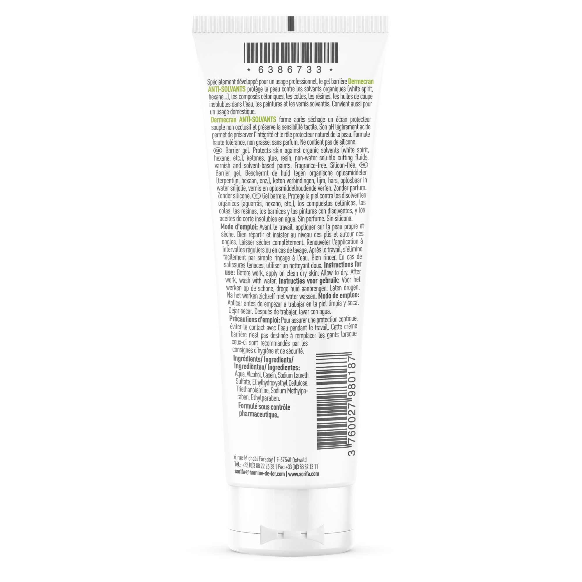Lot de 3 – Dermécran – Gel barrière - Protection ANTI-SOLVANTS – Solvants, résines, colles, vernis – Mains, visage, corps – Formule haute tolérance - Sans parfum – Tube 125 ml.