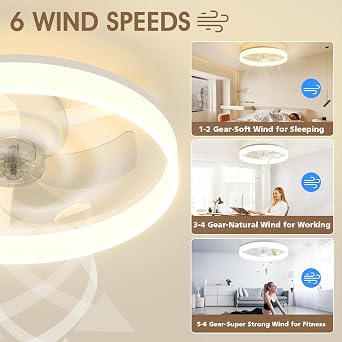 NIORSUN 50CM LED Ceiling Light with Fan and Remote & APP Control, Flush Mount Ceiling Fan, Stepless 6 Speeds,Quiet Dimmable Ceiling Light for Living Room（White） [Energy Class E]