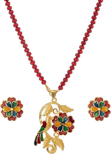 Upala Gold Plated Meenakari Bird & Flower Pendant Necklace Set with Red Beads & Matching Studs for Women's & Girl's