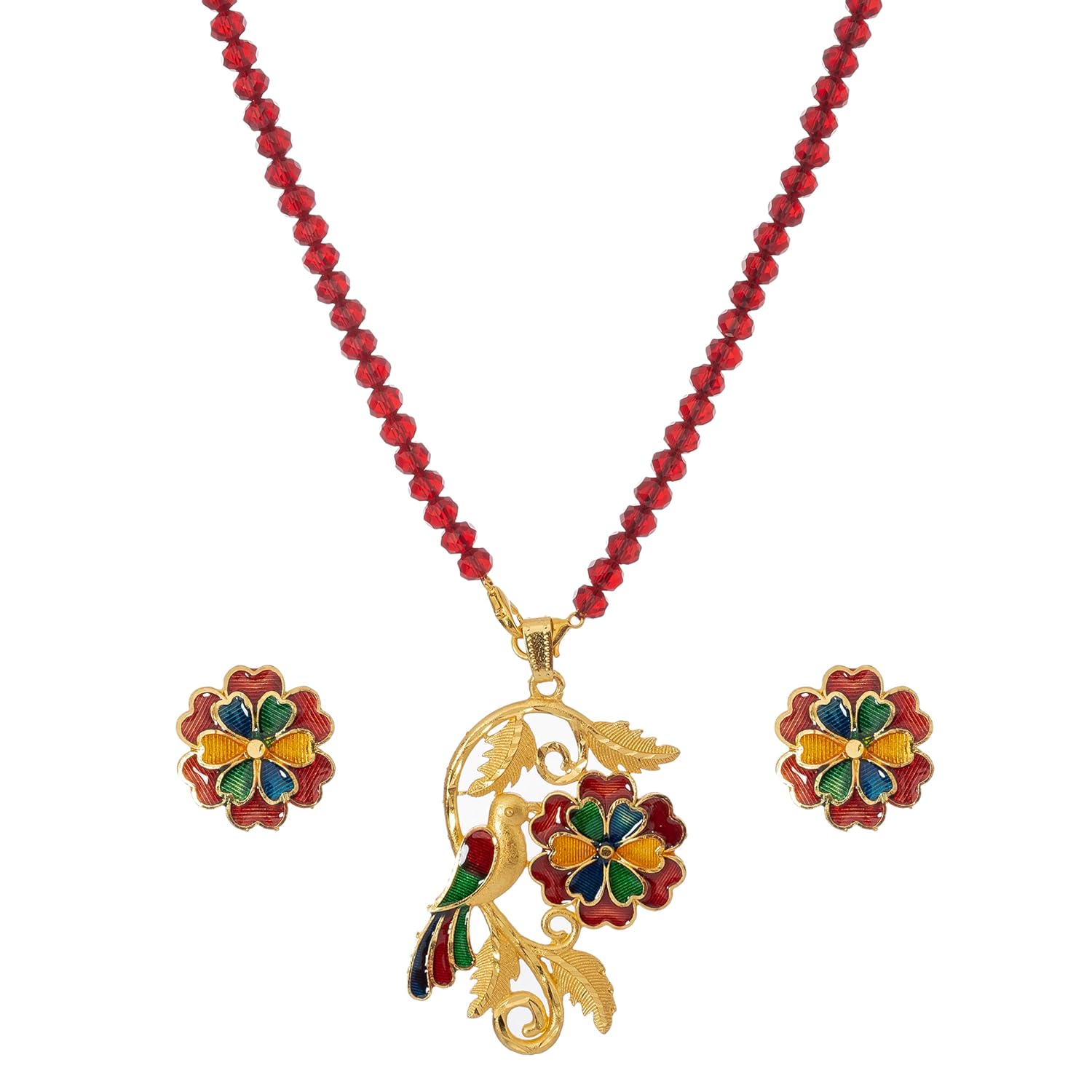 Upala Gold Plated Meenakari Bird & Flower Pendant Necklace Set with Red Beads & Matching Studs for Women's & Girl's - Review, Price and Buying Guide
