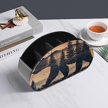 Walking Grizzly Bear Remote Control Holder with 5 Compartments Wooden Board Leather TV Remote Caddy Remote Storage Box Desktop Organizer for Pen/TV Remotes/Media Controllers/Office Supplies
