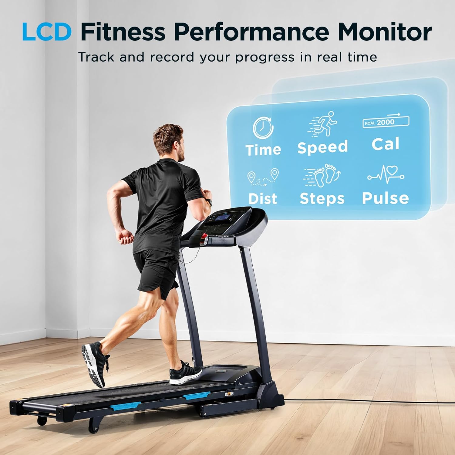 JLL Folding Auto-Incline Smart Treadmill with Bluetooth for SunnyFit App, 15 Incline Levels (0–15%), 0.5–9 MPH, Shock Absorption for Home Cardio Workouts, Foldable Vertical Storage