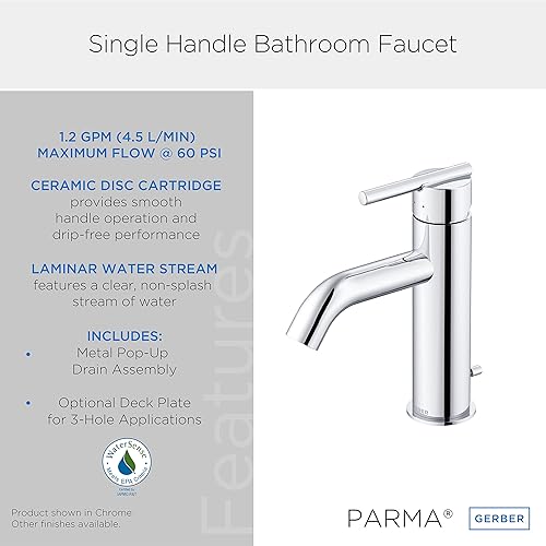 Miniatura 9 de Parma 1H Grifo de lavabo con drenaje desplegable de metal y placa de cubierta opcional incluida 1.2 gpm, bronce cepillado