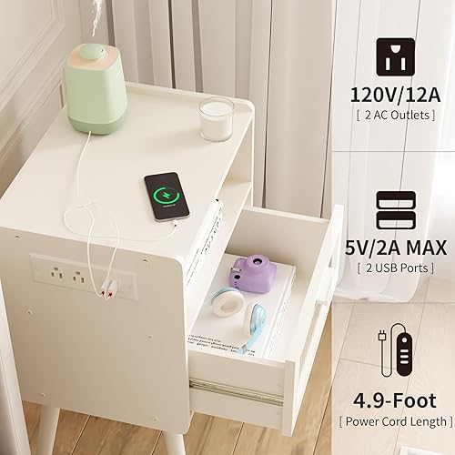 Miniatura 5 de Mesita de noche moderna de mediados de siglo con estación de carga, mesitas de noche con cajón de cristal, mesa auxiliar con espacio de