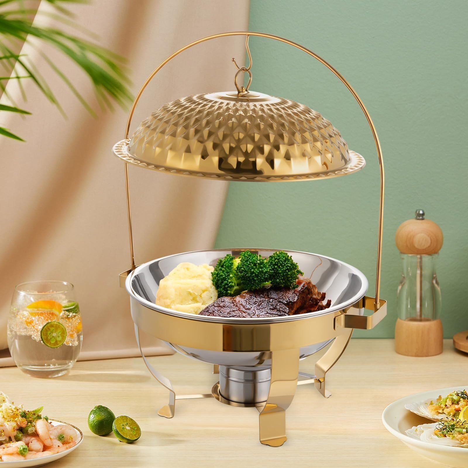 Scaldavivande for Buffet Set da 4 in Acciaio Inossidabile Cucina a buffet | Stufa da pranzo rotonda con coperchio sospeso in oro Chafer a buffet(8.5QT)