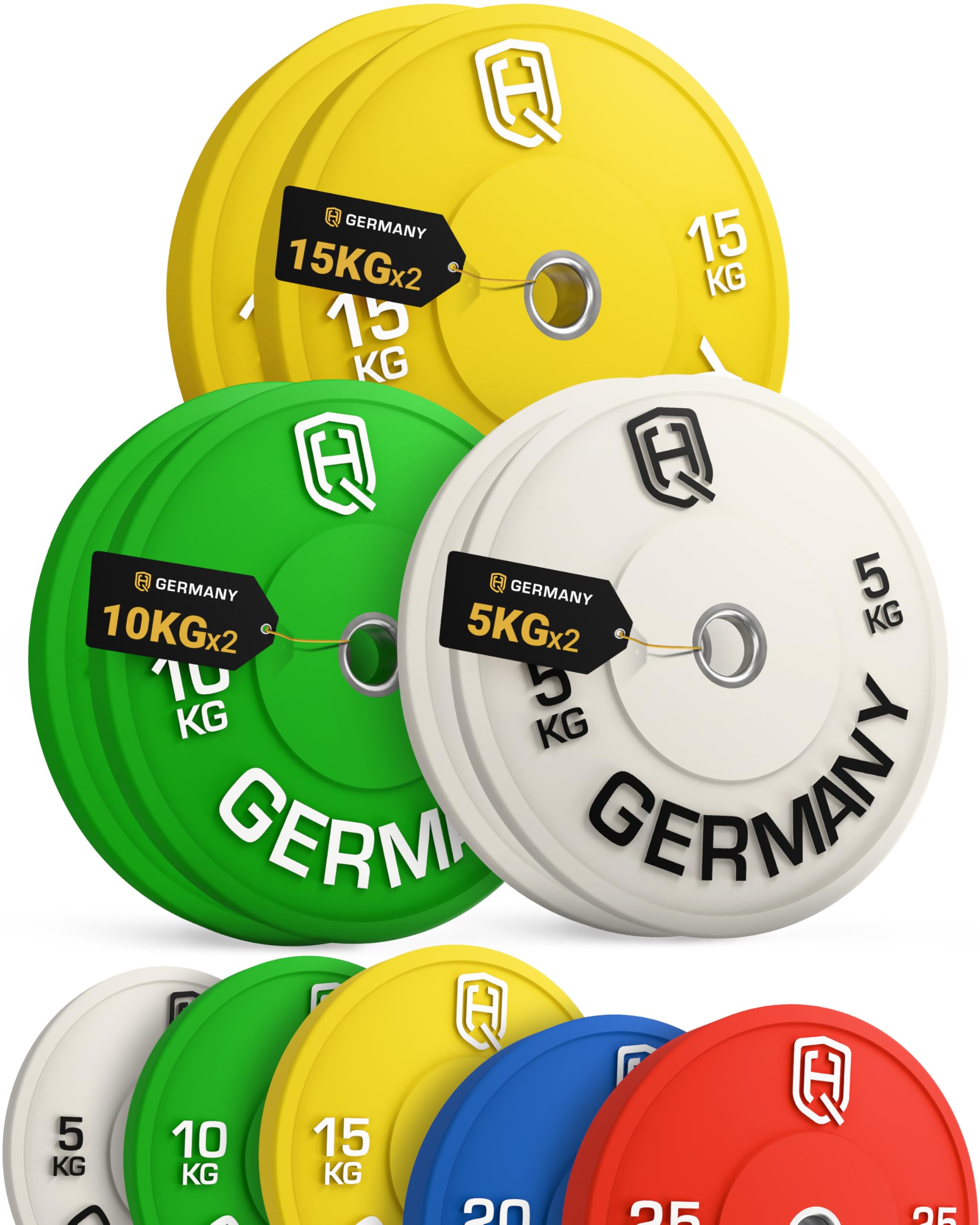 HQ Germany® Bumper Plates 50 mm [Nach IWF-Norm] - Hantelscheiben 5-25kg | Premium Vollgummi, Ø 450mm, 50mm-Bohrung, Shore-A 85 Härte, schmales Design, Edelstahl-Hülse