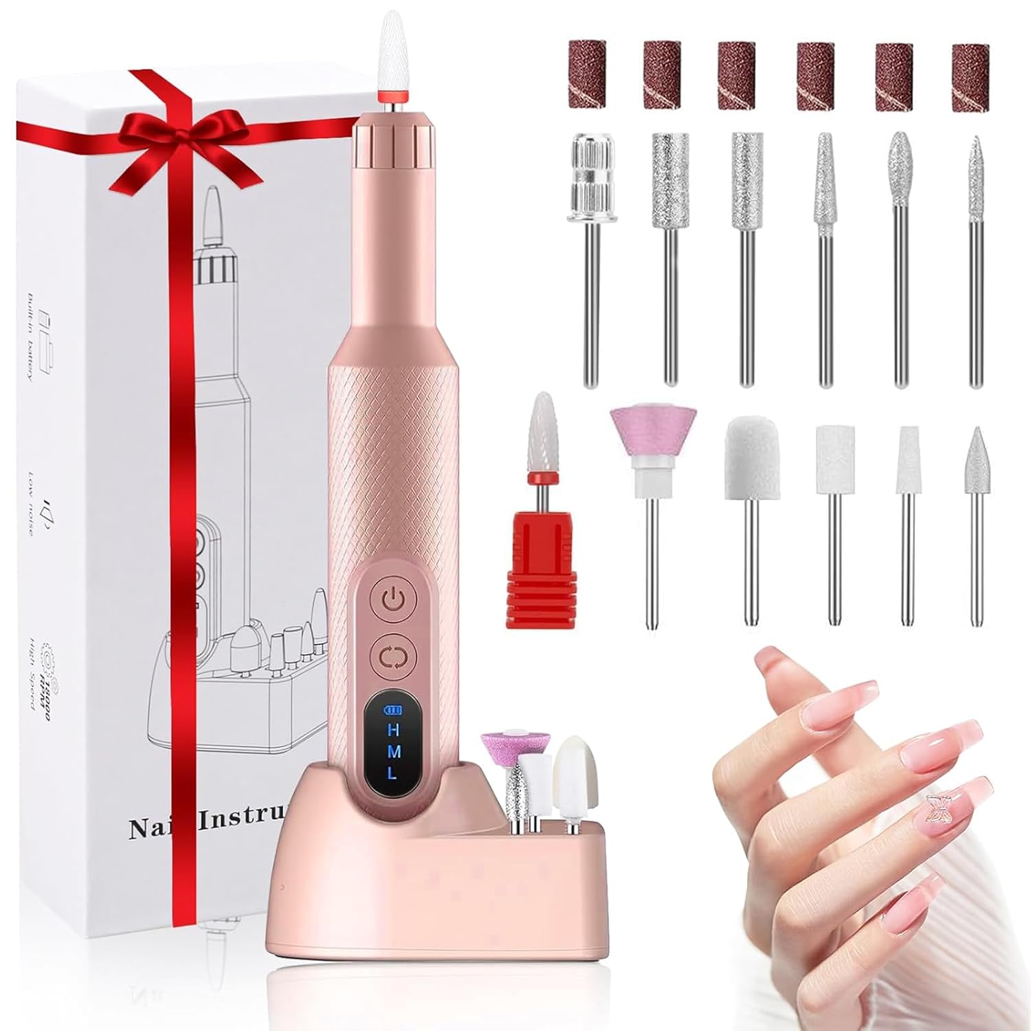 Cordless Electric Nail Drill, Portable Professional Rechargeable Efile Nail File Machine with Nail Drill Bits, Sanding Bands for Acrylic Gel Nails, Manicure Pedicure Polishing, Pink