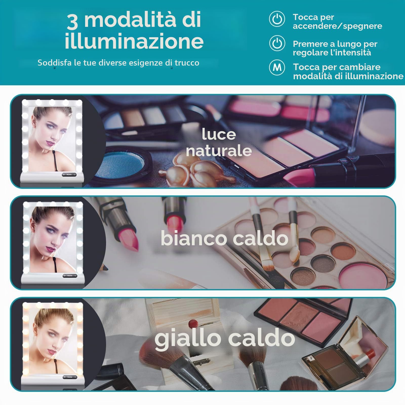 Auxmir Hollywood Specchio Trucco con Luci 15 LED 3 Colori Specchio Cosmetico Illuminato Luminosità Regolabile a Interruttore a Tocco Specchio da Tavolo per Trucco, Lenti Contatto e Cura del Viso