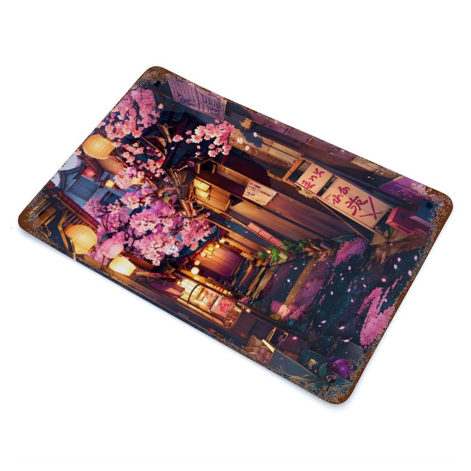 Retro Metal Sign with Cherry Blossom Back Alley Design 11.8"x7.9", for Bistro, Counter And Cafe Decor, Shabby Chic Decor