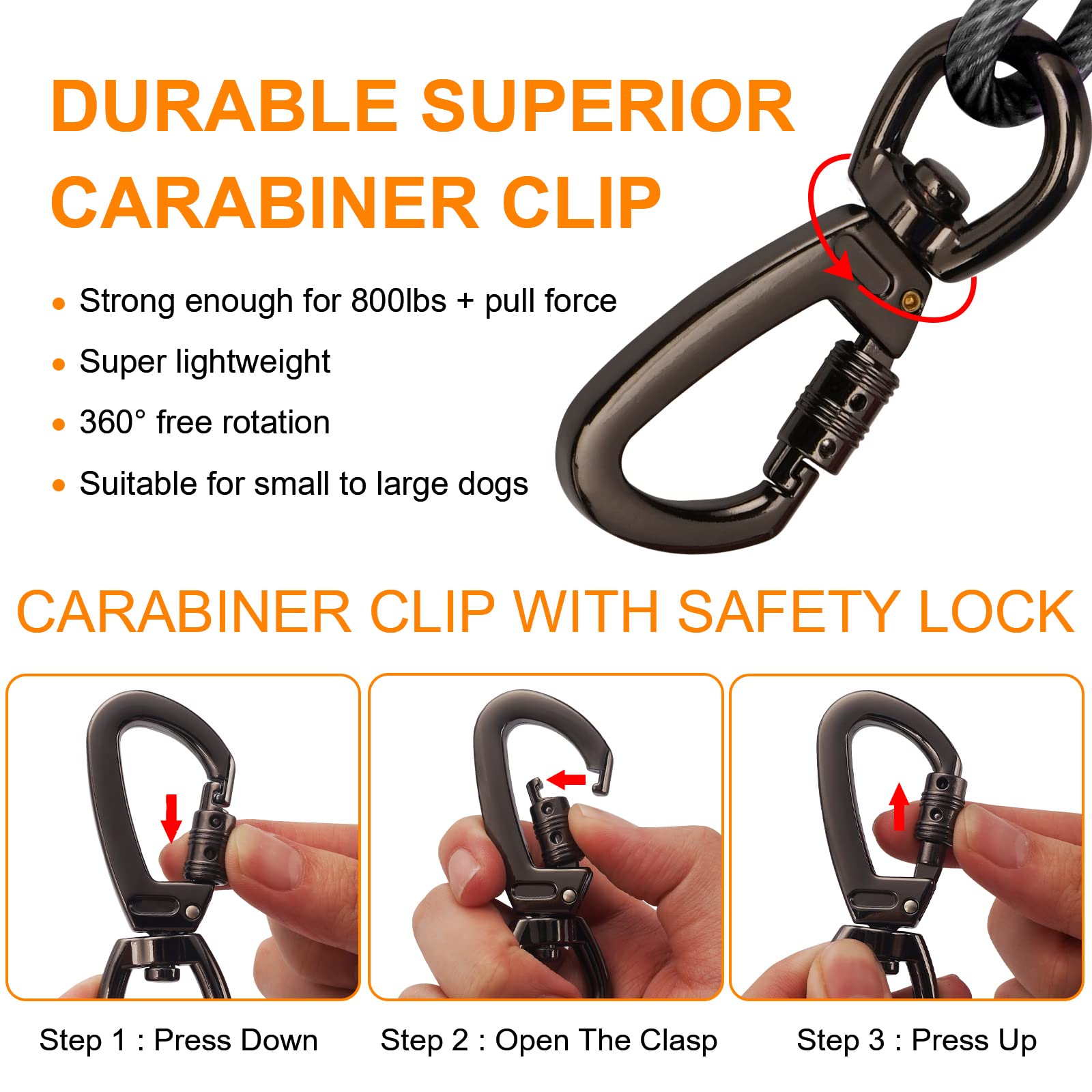 Câble d'attache orange pour chien avec crochet pivotant à ressort verrouillable, chaînes robustes pour l'extérieur pour animaux de compagnie, câbles de course pour chiens jusqu'à 226,8 kg (3 m)