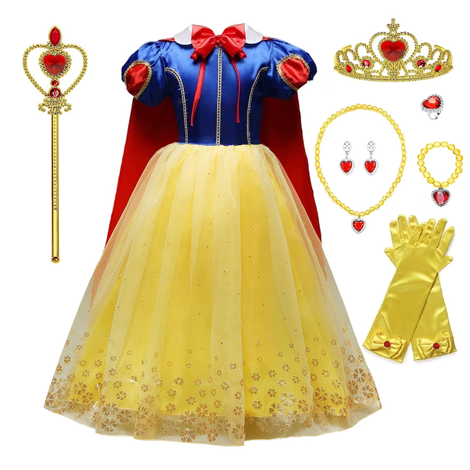 Girl Snow White Costume with Princess Crown Wand Accessory, Princess Dress Up Carnival Birthday Party Fancy Dress