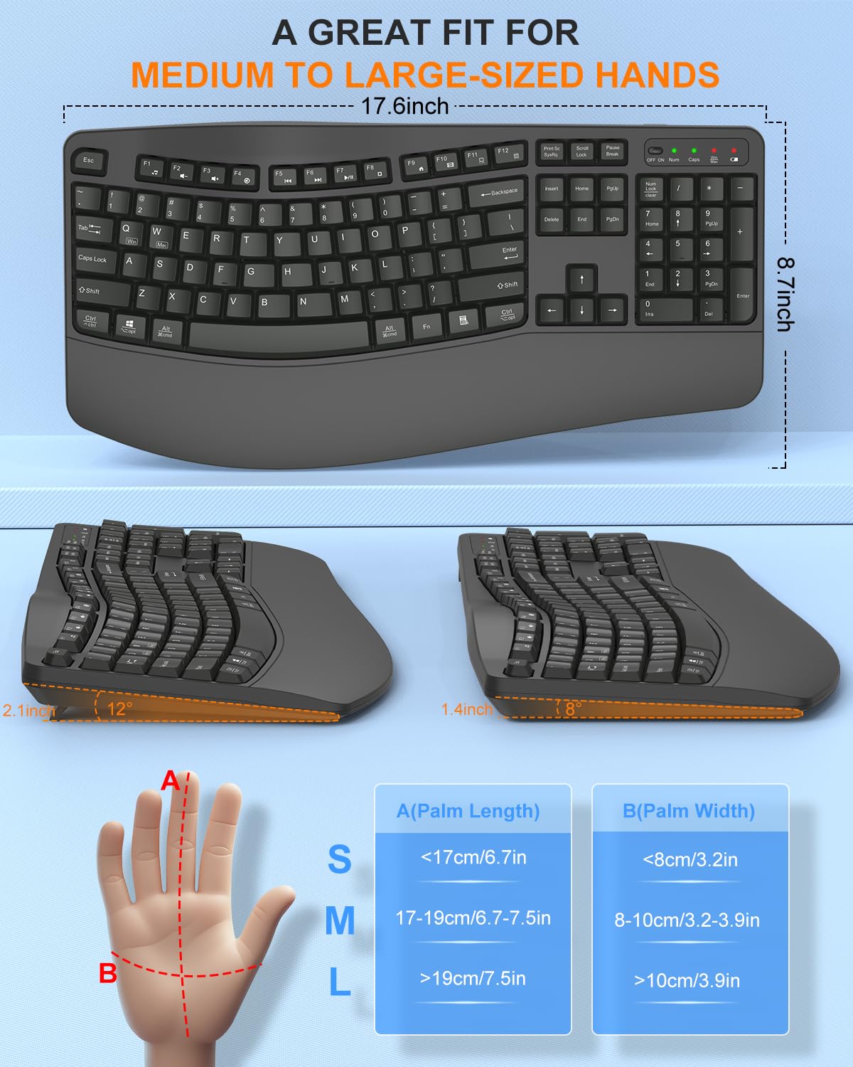 EDJO Tastiera ergonomica senza fili con poggiapolsi, tasti Wave, per mani grandi, 2,4 GHz, tastiera per computer Ergo cordless USB, comoda digitazione naturale, per laptop, Mac, Windows (grigio)