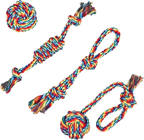 Depets Juguete de cuerda para perro, 4 unidades surtidas de juguetes masticables para cachorros, juguete duradero con nudo de cuerda, juguetes de